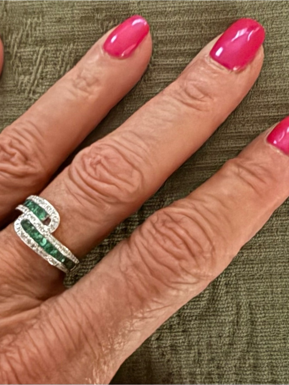 Ross-Simons Sterling Silver Pavé Wave Ring with Emerald Green Inlay - Picture 3 of 5
